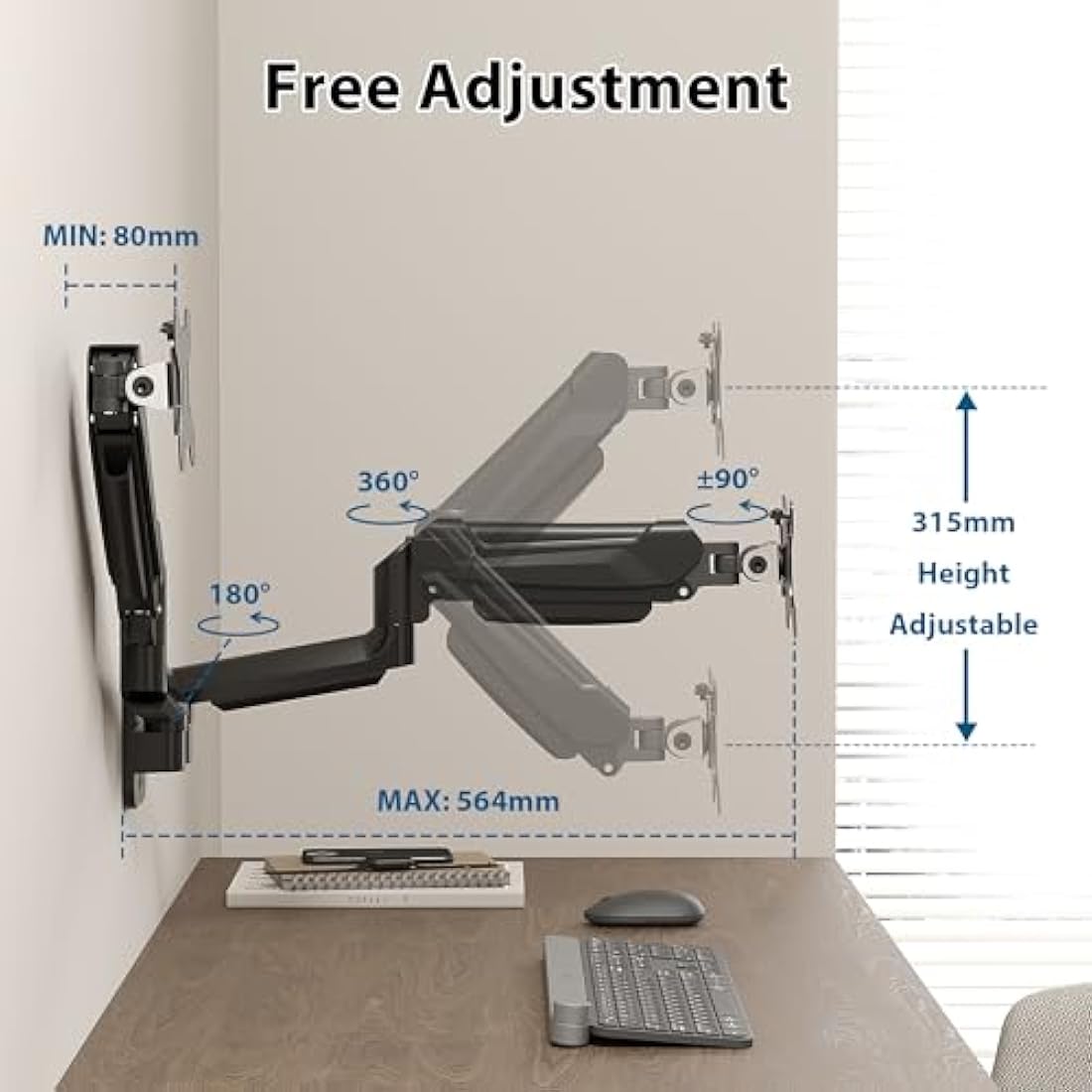 BONTEC Monitor Wall Mount Bracket for 13-32" Screens, Gas Spring Adjustable Monitor Arm, Height Adjustable, Tilt, Swivel & Rotate, VESA 75x75, 100x100mm, Holds up to 9KG, Heavy Duty, Ergonomic Design