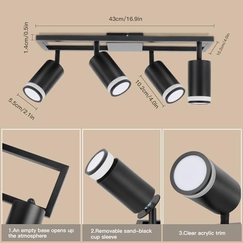 Dehobo LED Kitchen Ceiling Lights GU10, Black Ceiling Spotlights 4 Flames Swiveling 350°, Ceiling Light Bar Spotlight for Kitchen Bedroom Living Room, No Bulbs