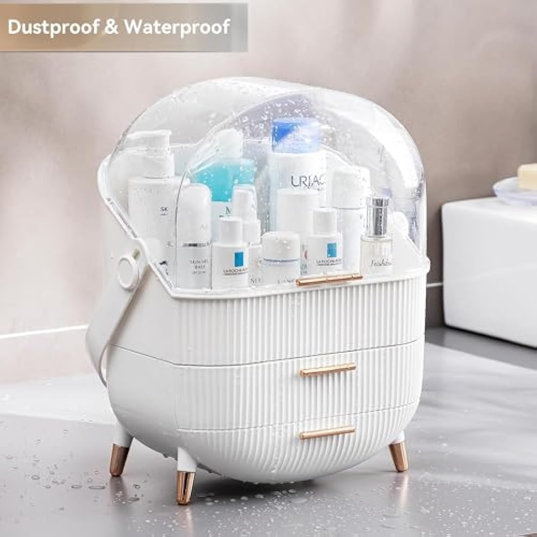 Kousee Makeup Organiser and Storage, Portable Waterproof Dustproof Organizer with Lid, Cosmetic Display Case Skincare Organizers for Vanity, Bathroom, B-White