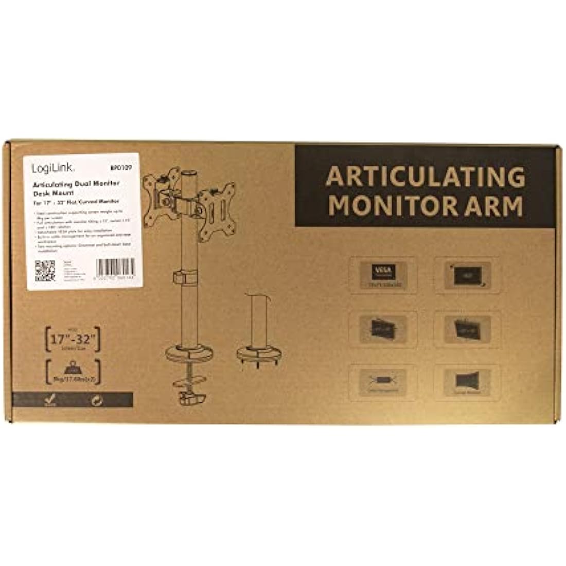 Logilink BP0109 - Monitor Mount Dual 17-32" Steel Curved Screens Black
