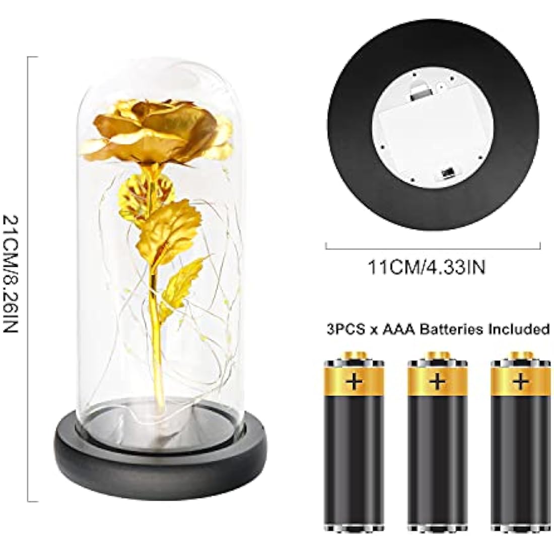 TINYOUTH Golden Rose in Glass Dome Black Wooden Base, Light Up 24K Eternal Rose Batteries Included for Wedding Anniversary Mama Valentines Christmas Birthday