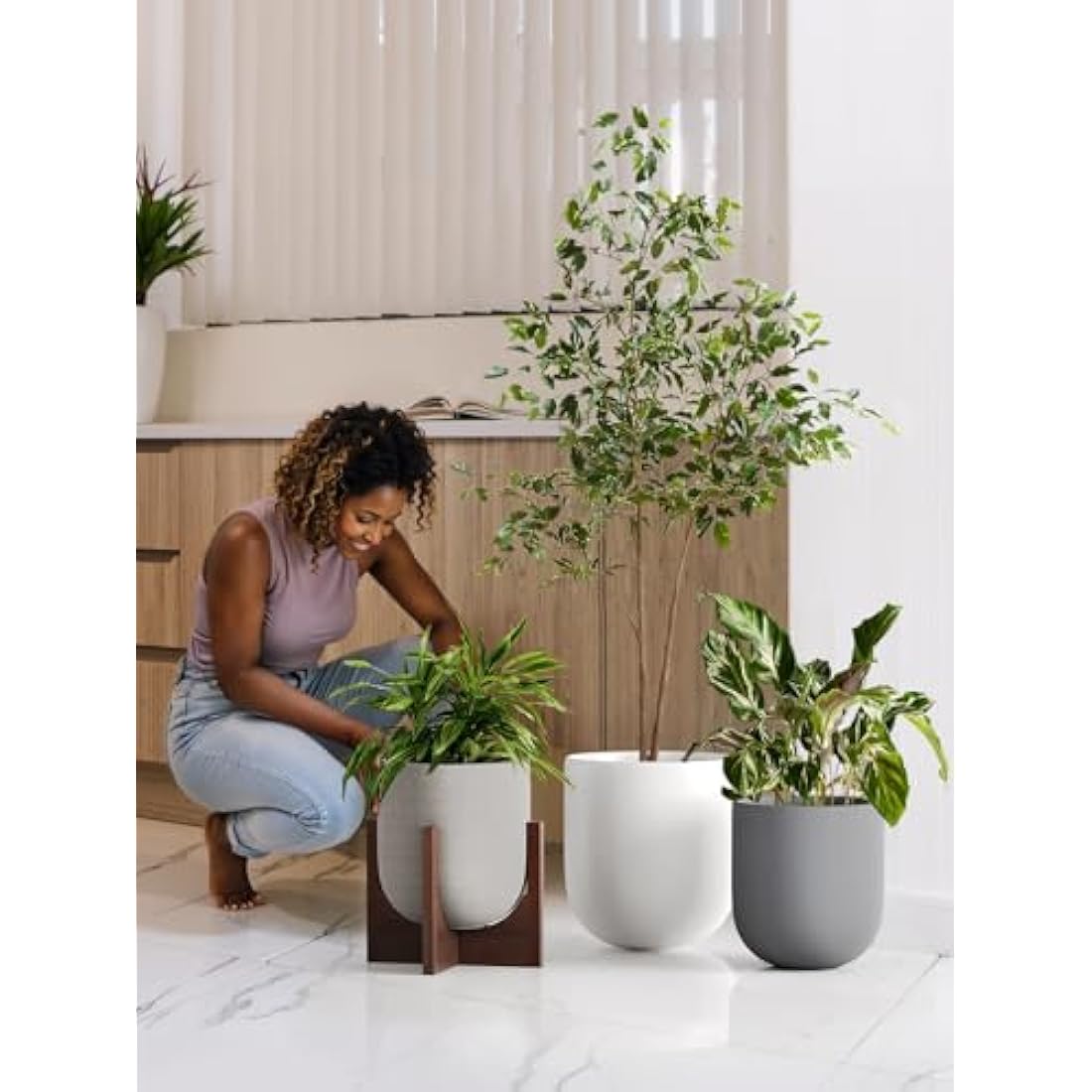 LE TAUCI 25 cm Plant Pot, Ceramic Pots for Plants with Drainage Holes and Rubber Plug, Plant Pots Indoor Outdoor for Home Garden Patio Office, Cylinder Flower Pot, Grey