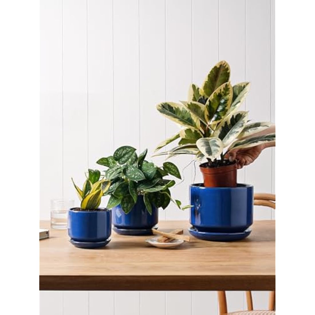 LE TAUCI Plant Pots, 11+13+17 cm Ceramic Planters, Set of 3 Flower Pots with Drainage Hole and Saucer, Indoor Plant Pot with Hole Mesh Pad, Gifts for Mom, Sapphire Blue