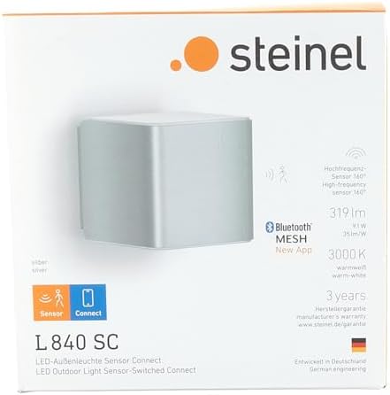 Steinel Wall Light L 840 SC Silver, LED Outdoor Light, 160° Motion Detector, Networkable, can be Operated via App, 9.5 W