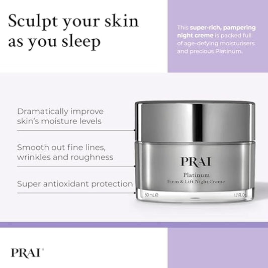 PRAI Platinum Firm & Lift Night Creme 50ml - Nourishing & Hydrating Overnight Moisturiser With Platinum, Shea Butter, Vitamin A - Plumps, Firms, Brightens - Reduces Appearance Of Wrinkles & Fine Lines