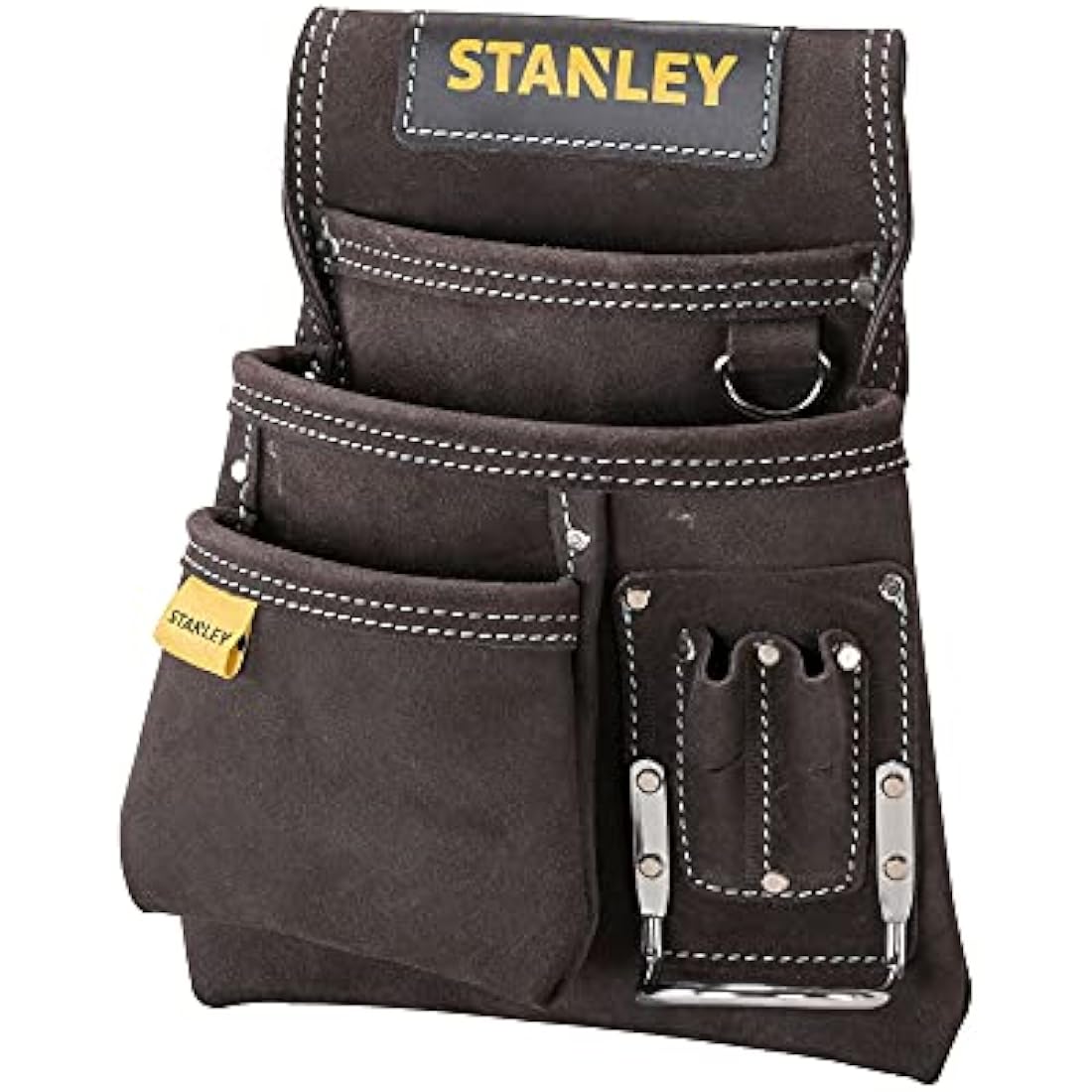 STANLEY Leather Tool Pouch, Double Pocket Storage Organiser, Hammer Loop, STST1-80114 Dark Brown One Size