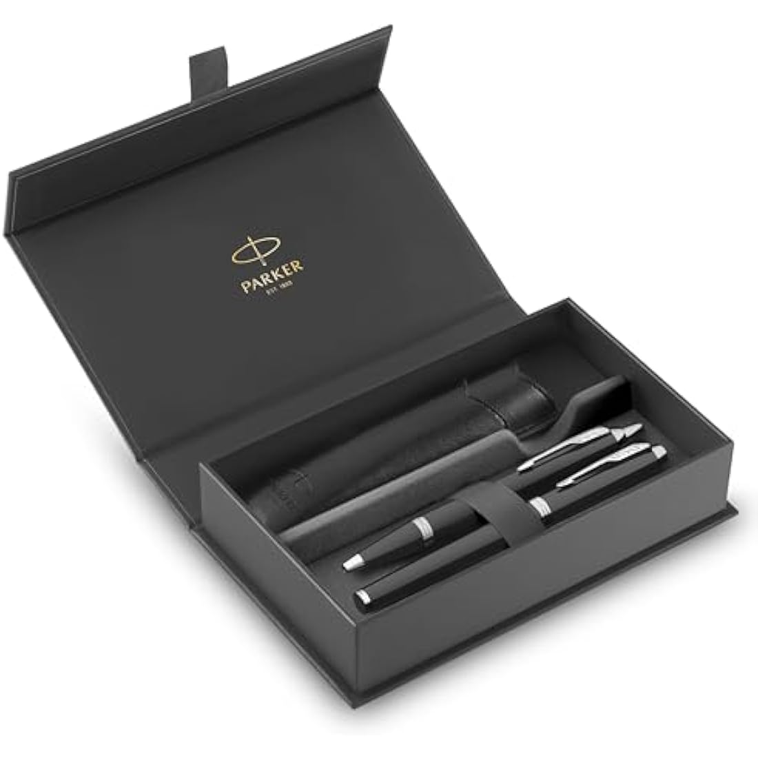 Parker IM Duo Pen Gift Set | Fountain Pen, Ballpoint Pen & Pen Pouch | Black Lacquer Finish with Chrome Trims | Medium Tip | Blue Ink Refills | Perfect Graduation Gifts