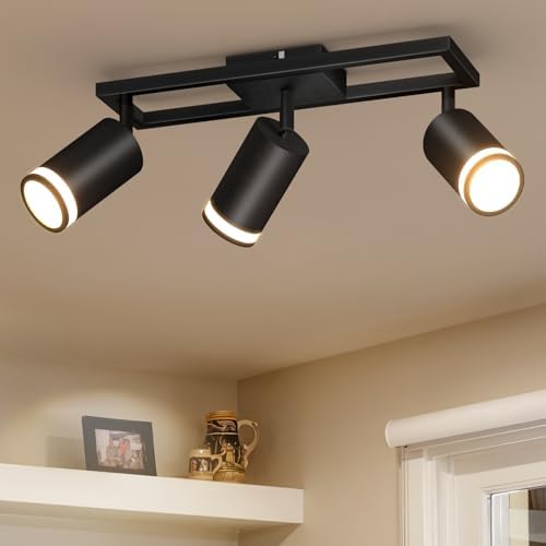 Dehobo GU10 Ceiling Lights LED Kitchen, Black Ceiling Spotlights 3 Flames Swiveling 350°, Ceiling Spotlight Bar Spotlighting for Kitchen Bedroom Living Room, No Bulb
