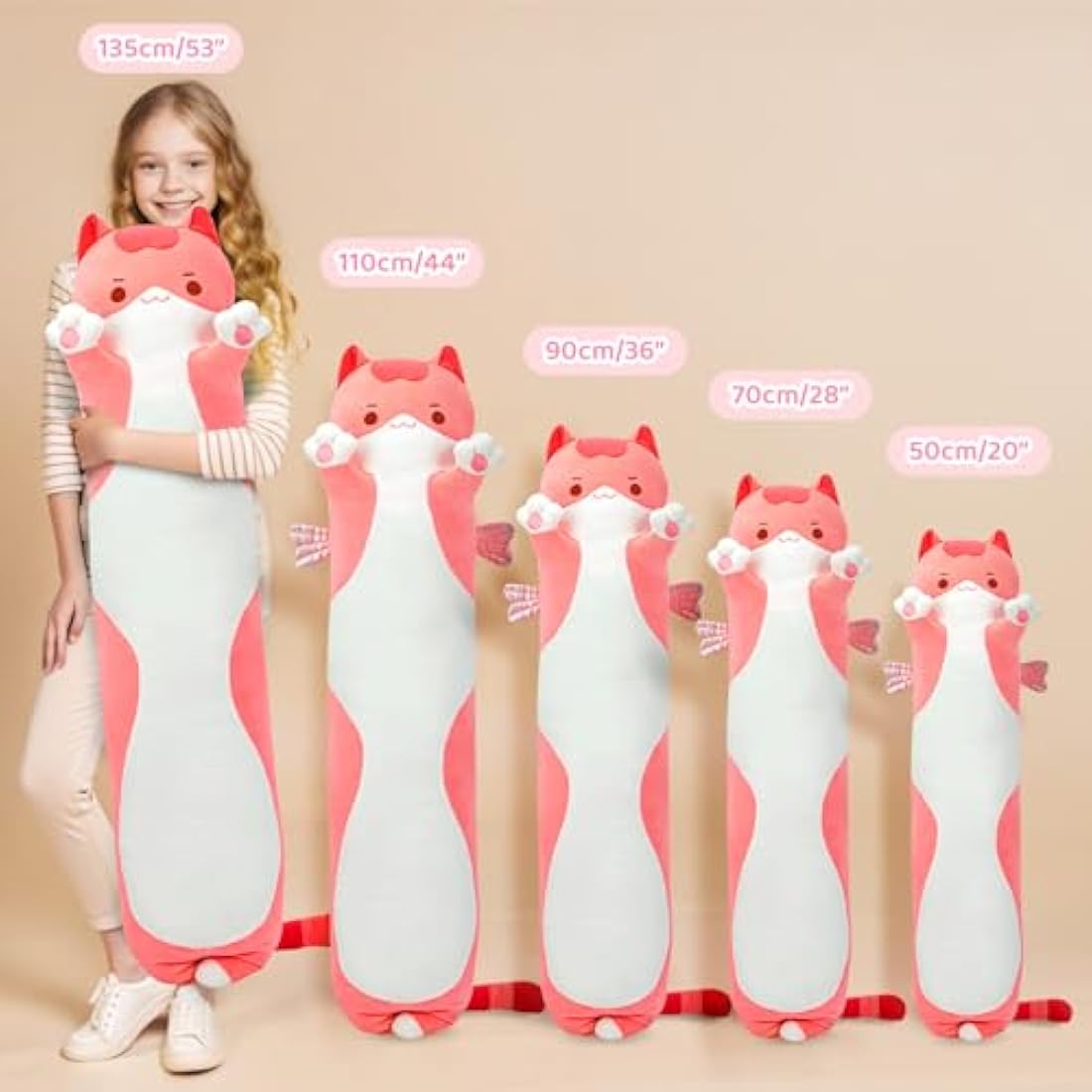 Mewaii 44in Long Cat Plush Pillows Stuffed Animals Squishy Pillows - Plushie Cute Kitty Sleeping Hugging Plush Pillow Soft Toys for Kids(Pink)