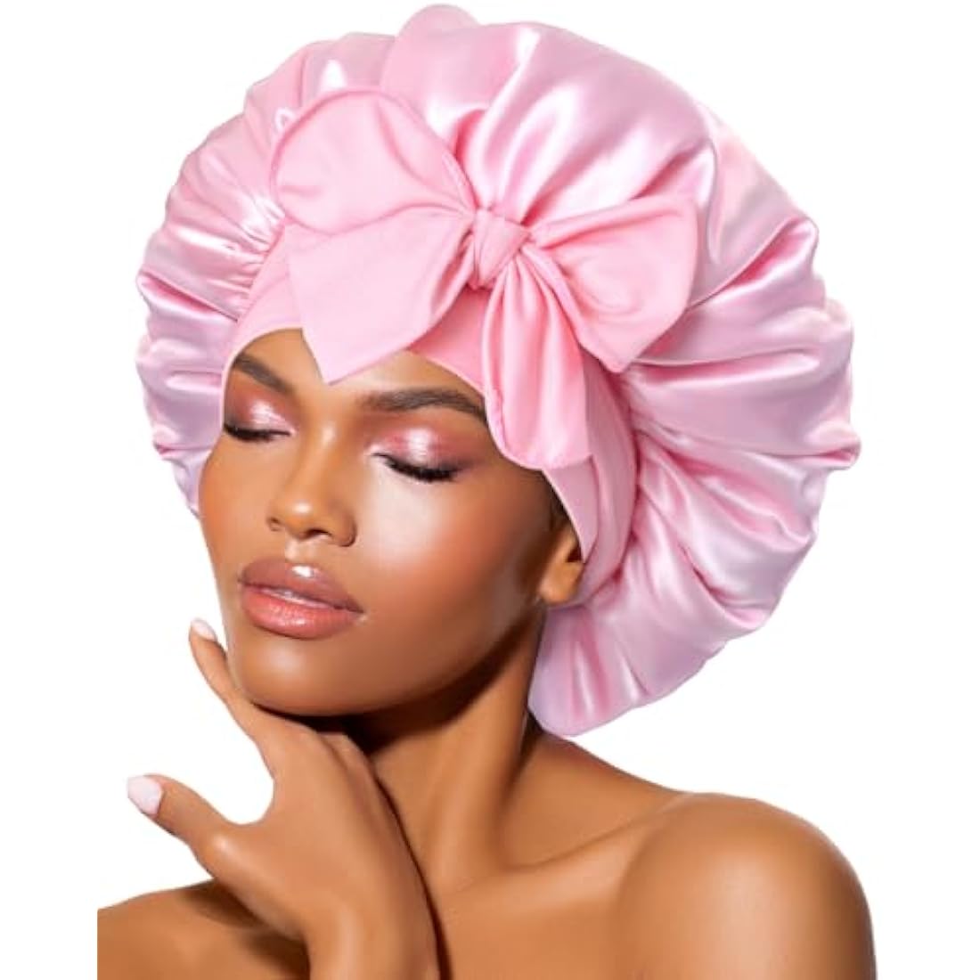 BONNET QUEEN Silk Bonnet for Sleeping for Curly Hair, Satin Bonnet Hair Wrap for Women & Men, Adjustable Silk Scarf Night Cap with Tie Band, Pink