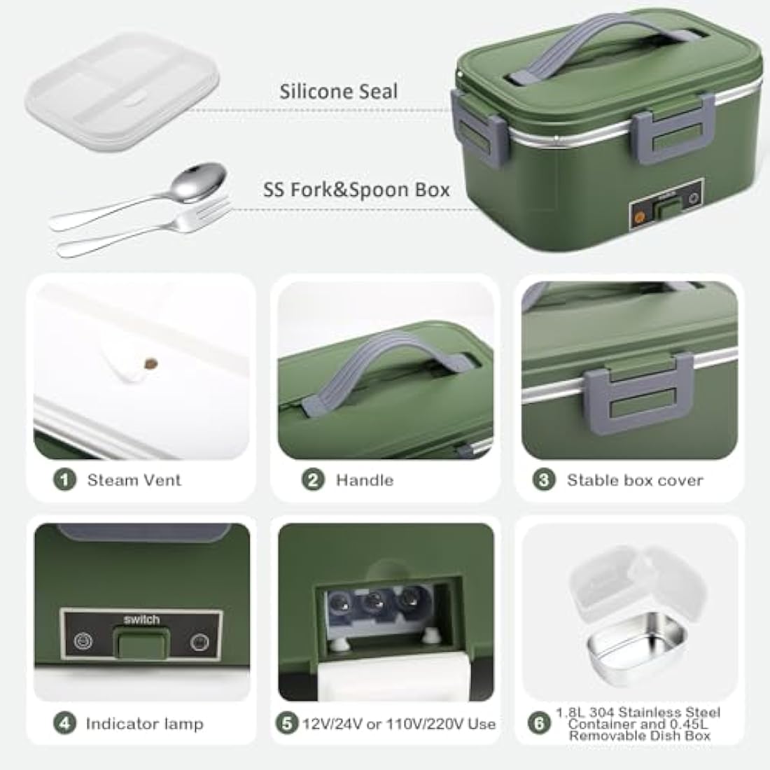 BYbrutek Electric Lunch Box 100W, 1.8L Removable Stainless Steel, 3-in-1 Portable Heated Lunch Box, 12V/24V/220V Insulated Heat Box for Car/Truck/Office/Home, with Insulated Bag and Sponge (Green)