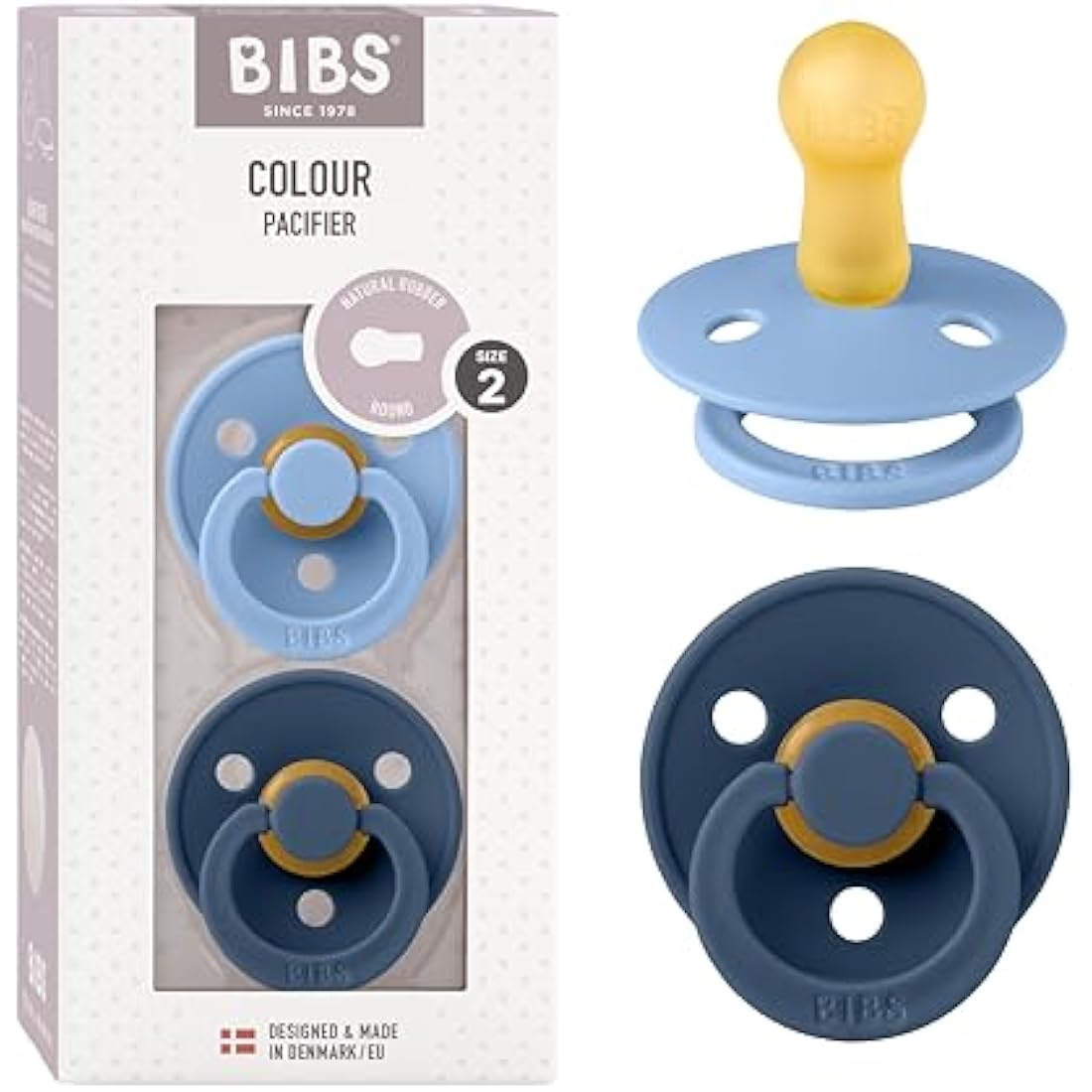 BIBS Colour Soother 2-Pack, BPA Free Dummy Pacifier, Round Nipple. Natural Rubber Latex, Size 2 (6-18 Months), Sky Blue/Steel Blue