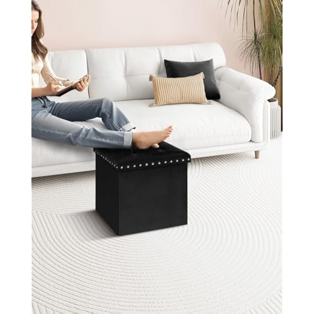 Bonlife Velvet Ottoman with Storage,Large Storage Boxes with Lids,Folding Coffee Table Ottoman Seat,Footstool for Living Room,Black,40x40x40cm