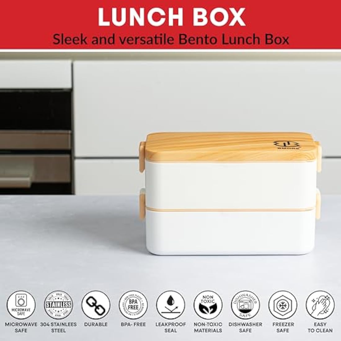BMORE® Lunch Box,1000ml Bento Box with Stainless Steel Cutlery & Chopsticks. Stackable 2 Layer Food Container for Adults, Kids. Microwave & Dishwasher Safe (Stainless Steel Liners Included) UK Company