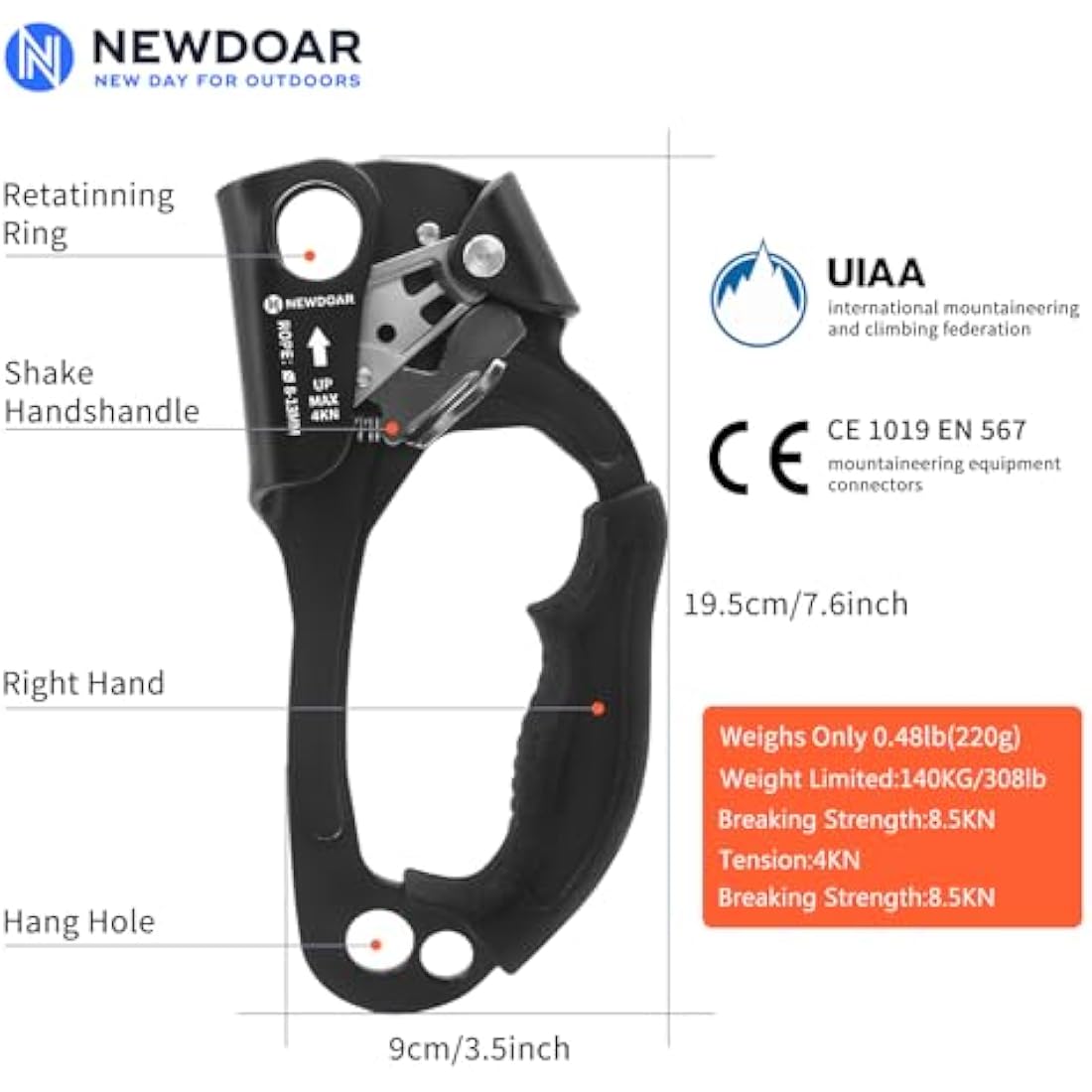 NewDoar UIAA & CE Certified Hand Ascender Rock Climbing Tree Arborist Rappelling Gear Equipment Rope Clamp for 8~13MM Rope
