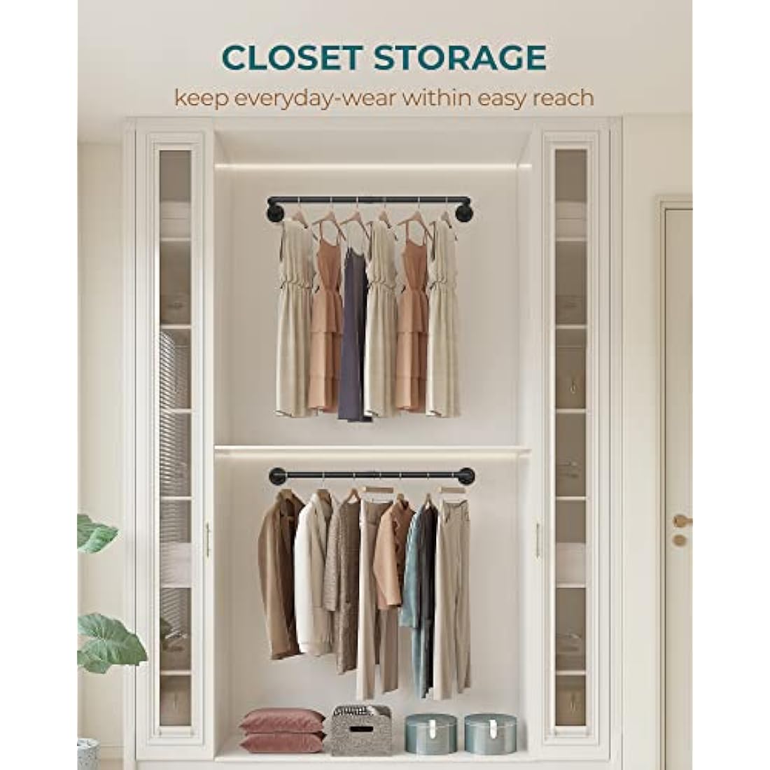 OROPY Industrial Pipe Clothes Bar Rack, Set of 2, 92cm Wall Mounted Detachable Retro Metal Garment Hanging Storage Rail (Double Base)