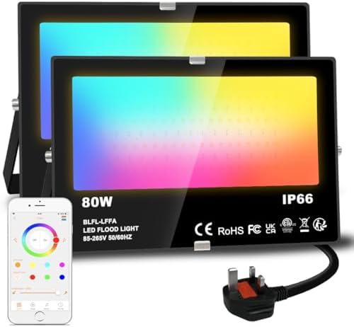 Lighting master LED Floodlight 80W Equivalent 8000LM, Smart RGB Flood Lights Outdoor with APP Control, Colour Changing + Warm White, Timing - Scene - Garden Lighting, IP66, UK Plug（2 Packs