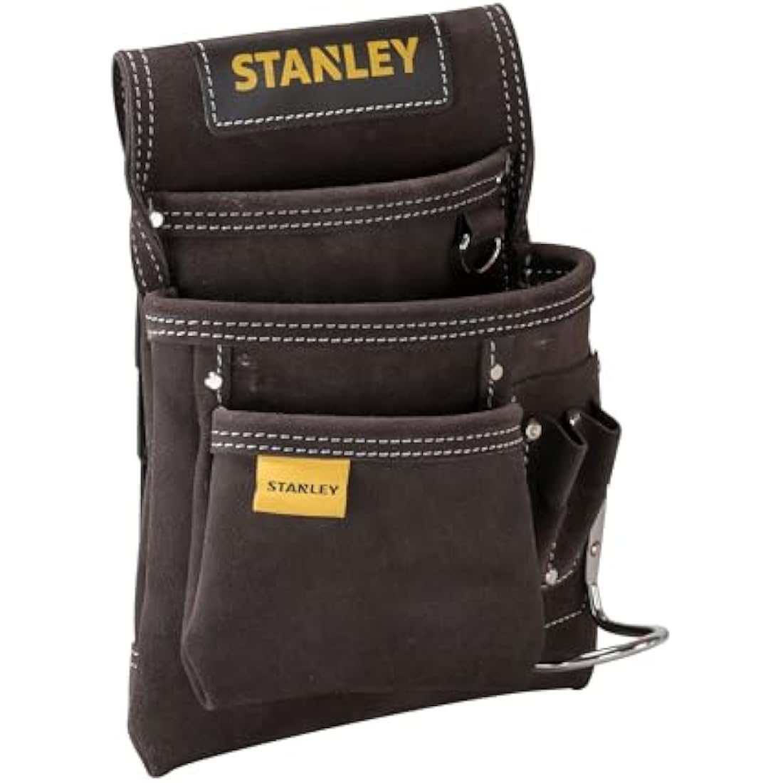 STANLEY Leather Tool Pouch, Double Pocket Storage Organiser, Hammer Loop, STST1-80114 Dark Brown One Size