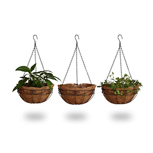 Relaxdays Set of 3 Flower Baskets, Coconut, 33 Litre Volume, with Chain, 35 cm Diameter, as Hanging Planters, Brown, Coco, 35x35x65 cm