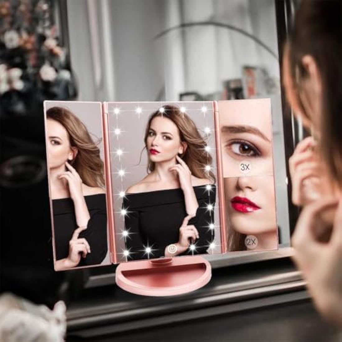 WEILY Tri-fold Vanity Mirror, 21 LEDs and 2X/3X Magnification, Touch Switch for Adjusting Brightness, Dual Power Supply mode Makeup Mirror (Rose Gold)