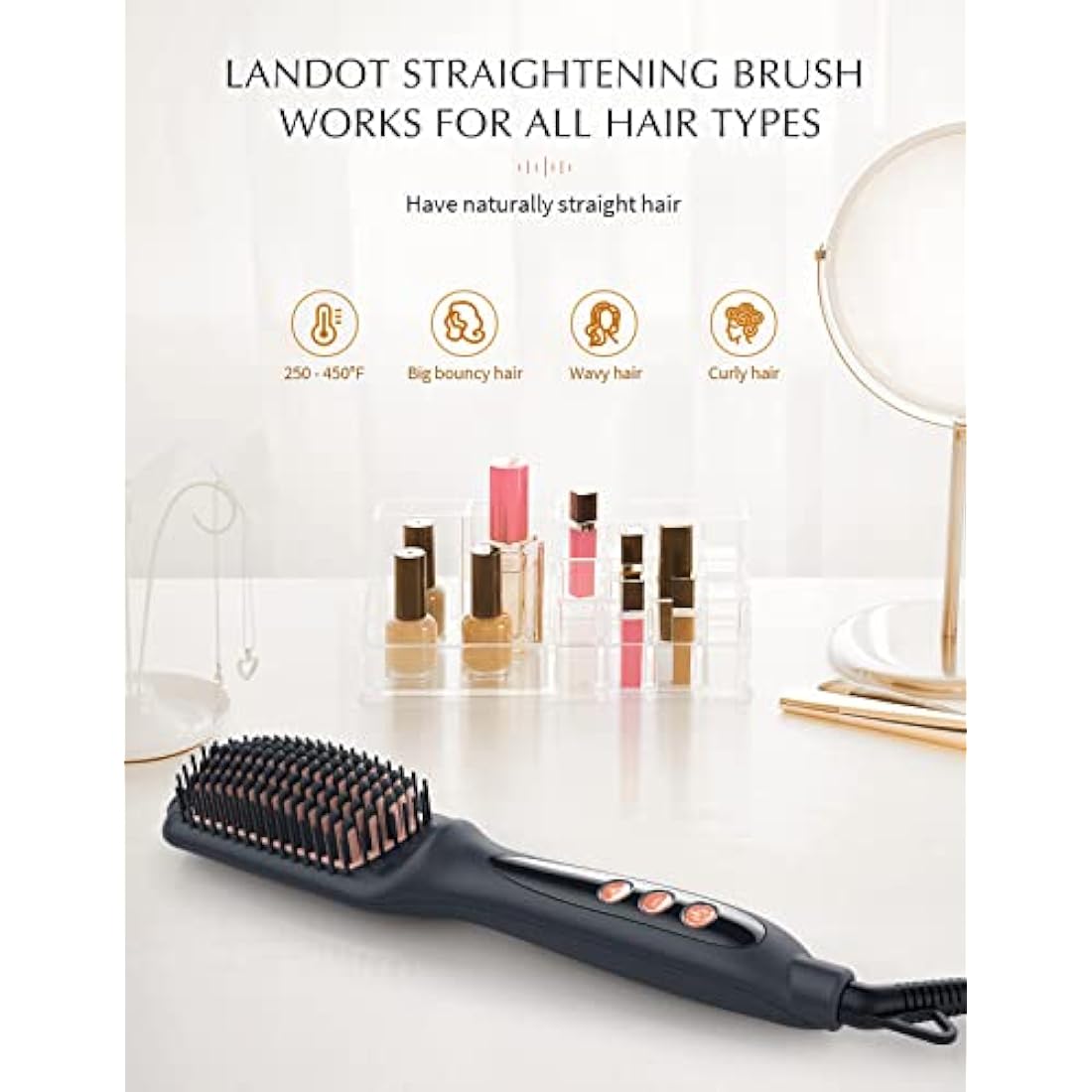LANDOT Hair Straightener Brush Heated Straightening Brush: Negative Ion Ceramic Hot Hair Brush Straightener for Smooth Frizz-Free Hair