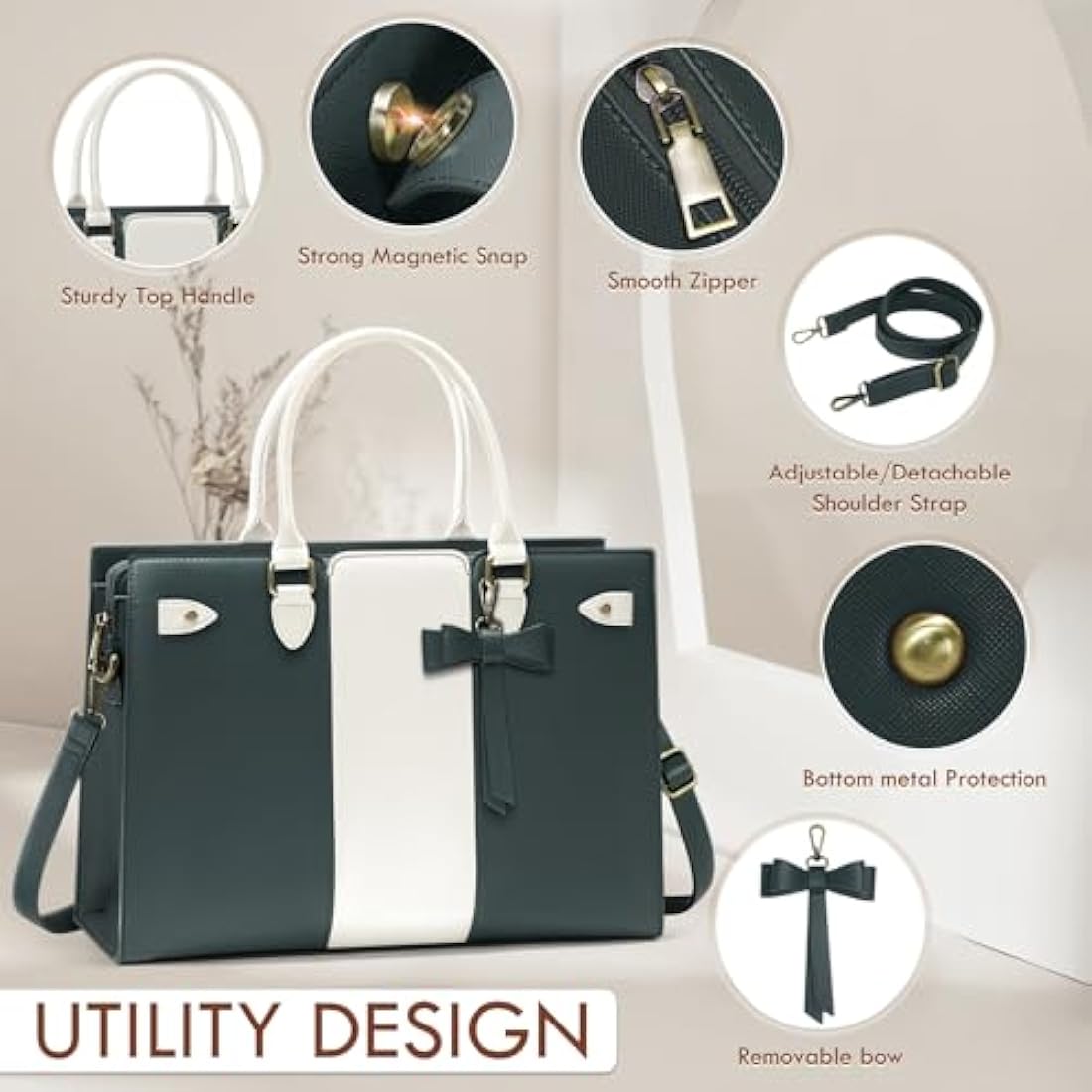 RAINSMORE Laptop Bags for Women PU Leather Work Bags for Women Tote Bag Large Handbag Shoulder Bag for Office Bussiness 15.6 Inch Dark Green and Beige