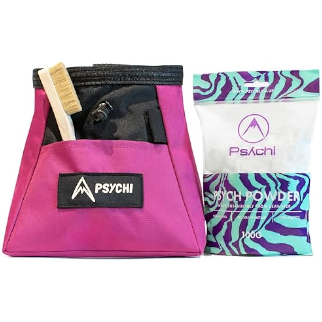 Psychi OG Climbing Chalk Bag Bucket Bundle - Starter Pack for Rock Climbing, Gym, Weightlifting - 7 Fun Colour Options - Includes Chalk Bucket, Loose Climbing Chalk & Bouldering Brush