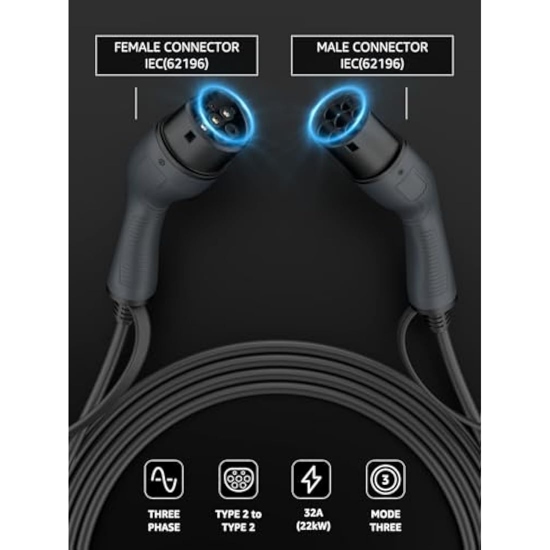bokman Type 2 EV Charging Cable, Mode 3 / 32A / 22KW / 3 Phase / 5 Meter, Electric Vehicle Car Plug-in Hybrid Type 2 to Type 2 Fast Charging Cable
