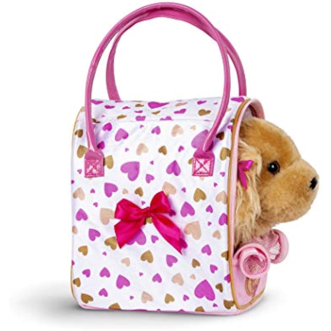 Pucci Pups – Plush Puppy – Dog Carrier – Toy Cocker Spaniel – Pink & Golden Heart Print Bag & Cocker Spaniel and Comb– Stuffed Animal – 3+ Years