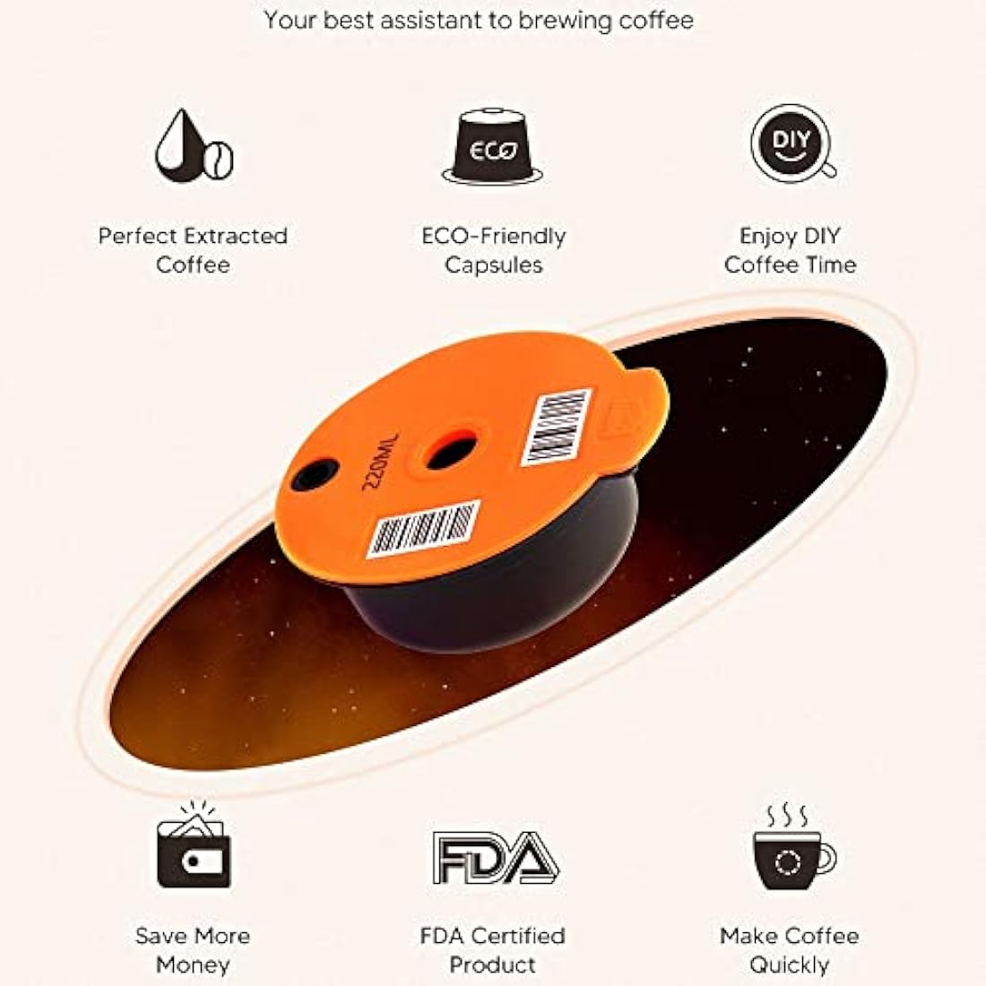 Tassi mo Refillable Pods 200+220ML+Extra Silicone LIDS 60+180ML, Reusable Tassi mo Coffee Pods for Bosch Machine, BENFUCHEN Reusable Tassi mo Pods with A Stainless Steel Coffee Tamper, Orange