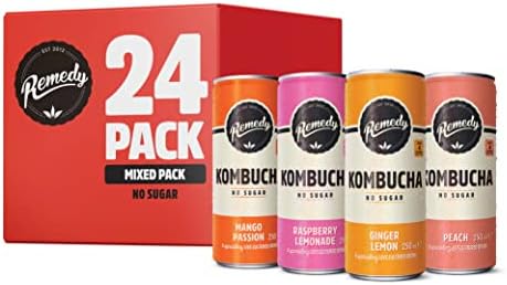 Remedy Kombucha Tea - 4 Flavour Mixed Pack - Sparkling Live Cultured Drink - Naturally Sugar Free Soft Drink - Prime Probiotic Drink for Gut Health - 24 x 250ml