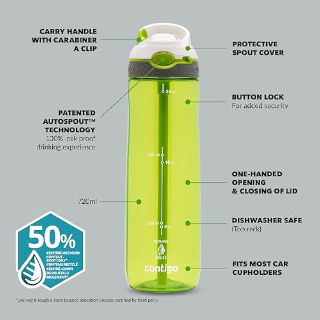 Contigo Ashland Autoseal Water Bottle with Flip-Straw | Large 720ml BPA Free Drinking Bottle | Sports Flask | Leakproof