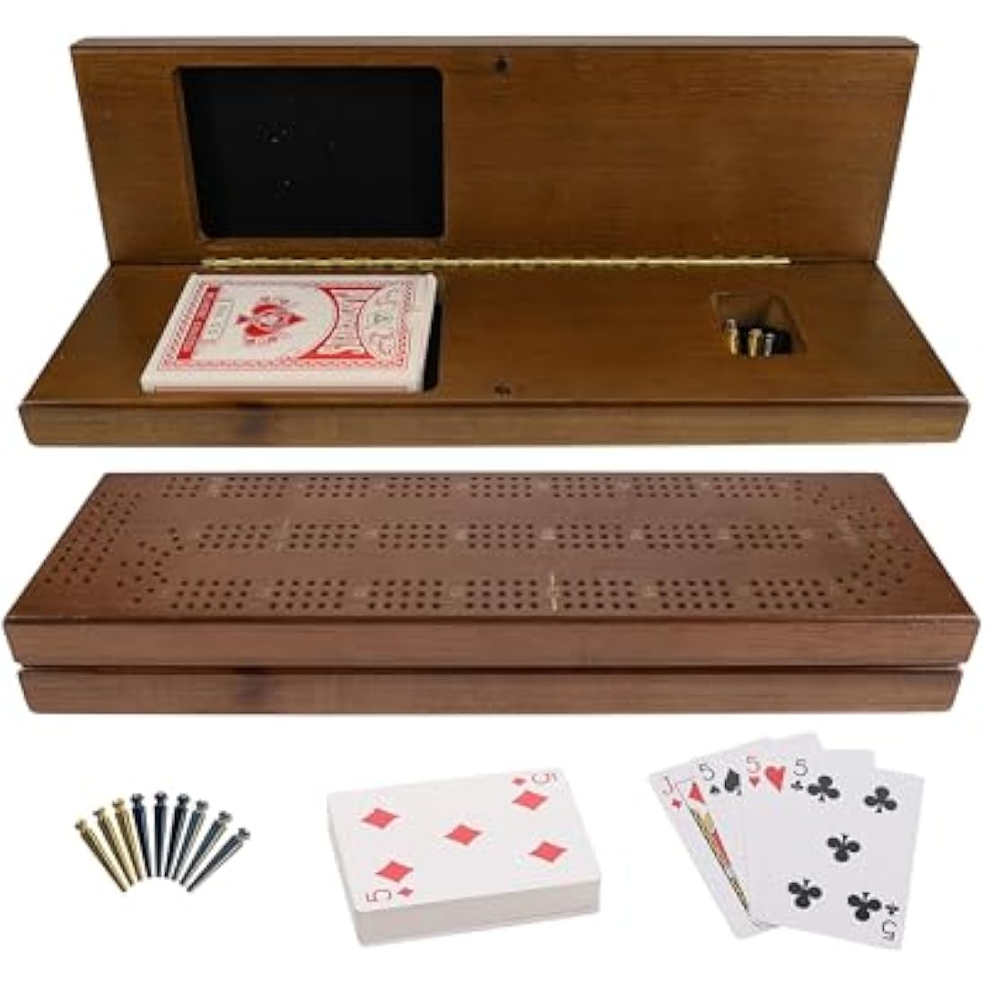 WE Games Cribbage Board With Pegs - Travel Board with 9 Metal Pegs & Playing Cards for Fun Family Game Night, Walnut Stained