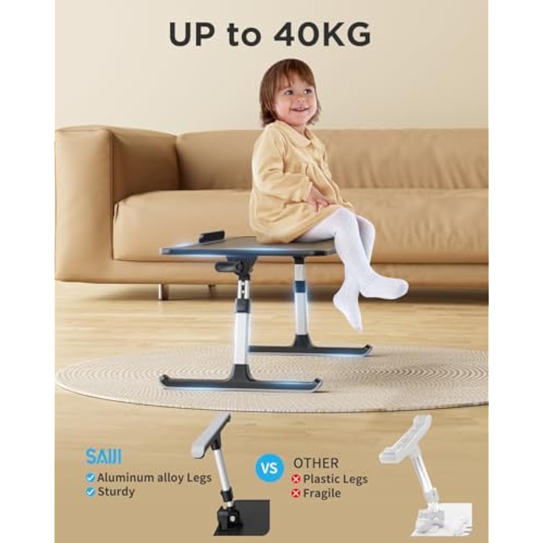Lap Desk, SAIJI Bed Table, Thick Stable Feet, Height and Angle Adjustable, Enough Mouse Space, up to 17'' Laptop, for Homeoffice, Breakfast, Study (Black, 52 * 30cm)