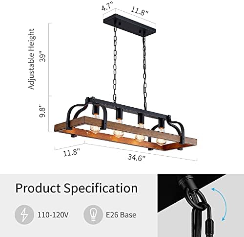 WUZUPS 4-Light Metal Pot Hanging Rack Chandelier Imitation Wood Grain Linear Pendant Ceiling Lighting Rustic Farmhouse Fixture Kitchen Island Dining Room, H25 x L88 x W30, E27 Base, Black