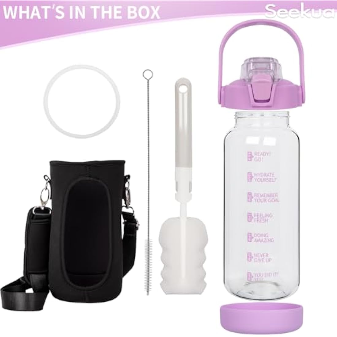 Seekua 2l Glass Water Bottle with Straw & Motivational Time Markings 2 litre Large Leakproof Gym Drinking Bottle