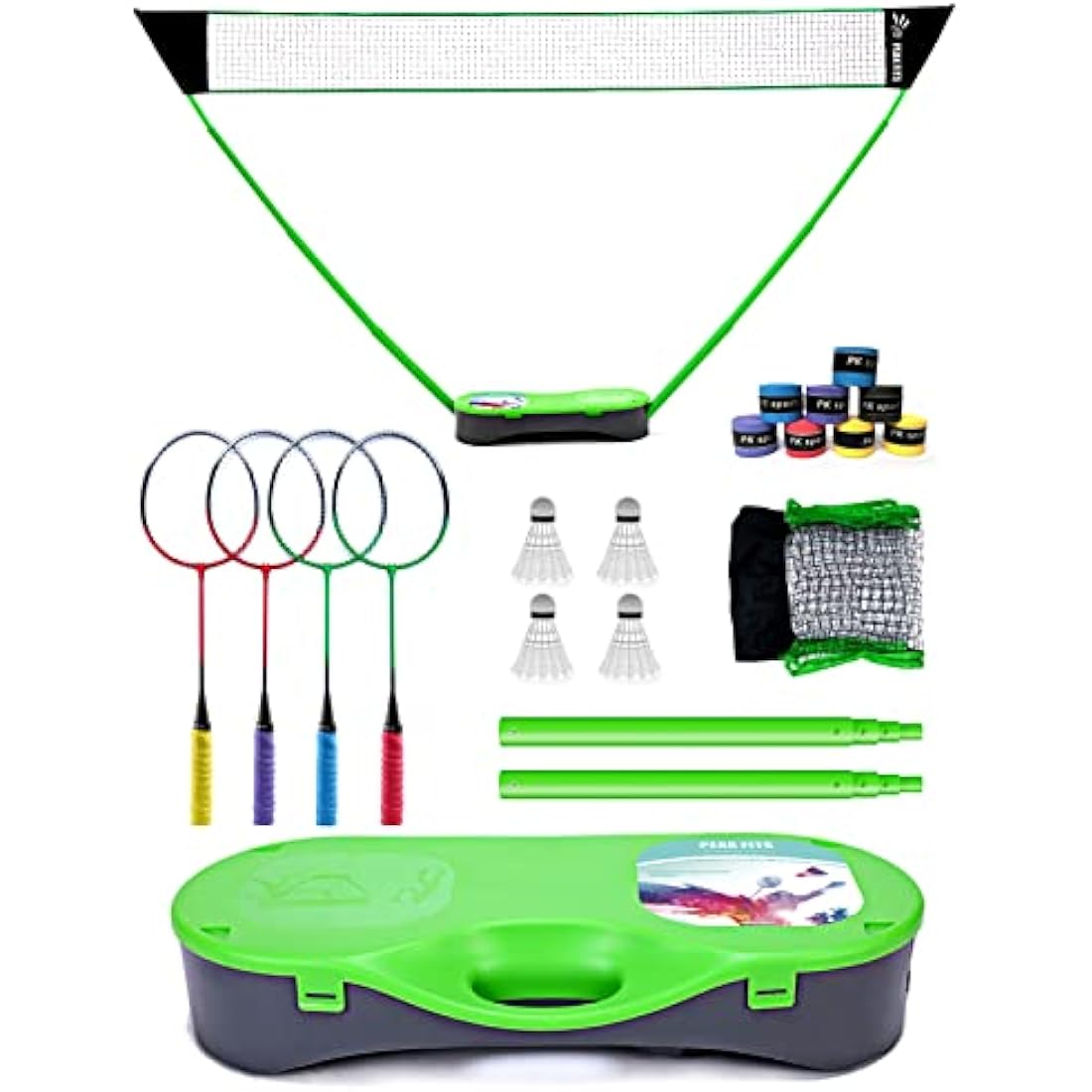 Peak Fits Portable Badminton Net Set,Folding Volleyball Badminton Net,4 Professional Graphite Badminton Racket,8 Racket Grip Tape,4 Shuttlecocks,Family Game,Kids Gift,Backyard Sports