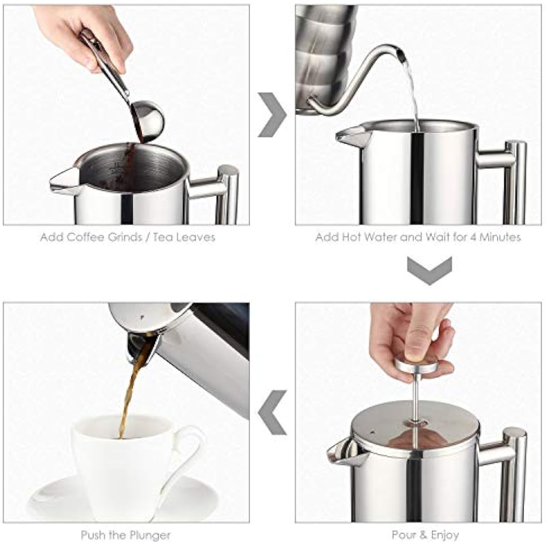 MaxMiuly Cafetiere Stainless Steel French Press Large Insulated Coffee Press, Double Wall Coffee & Tea Maker, 1.5L / 50 OZ-Bonus with Two Coffee Filter Screens(1500ml Silver)