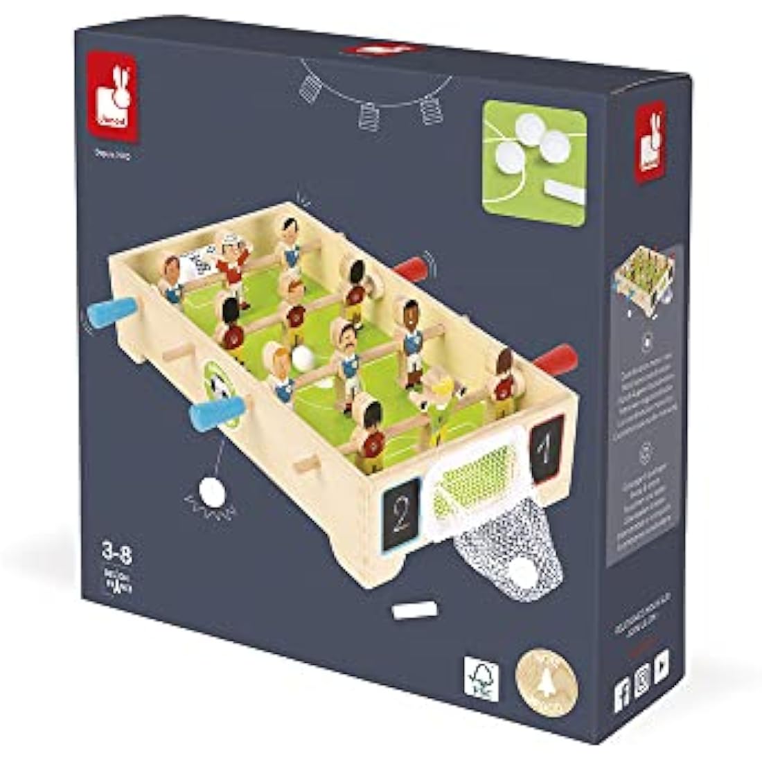 Janod - Champions Mini Wooden Table Football - For children from the Age of 3, J02070, Multicolored