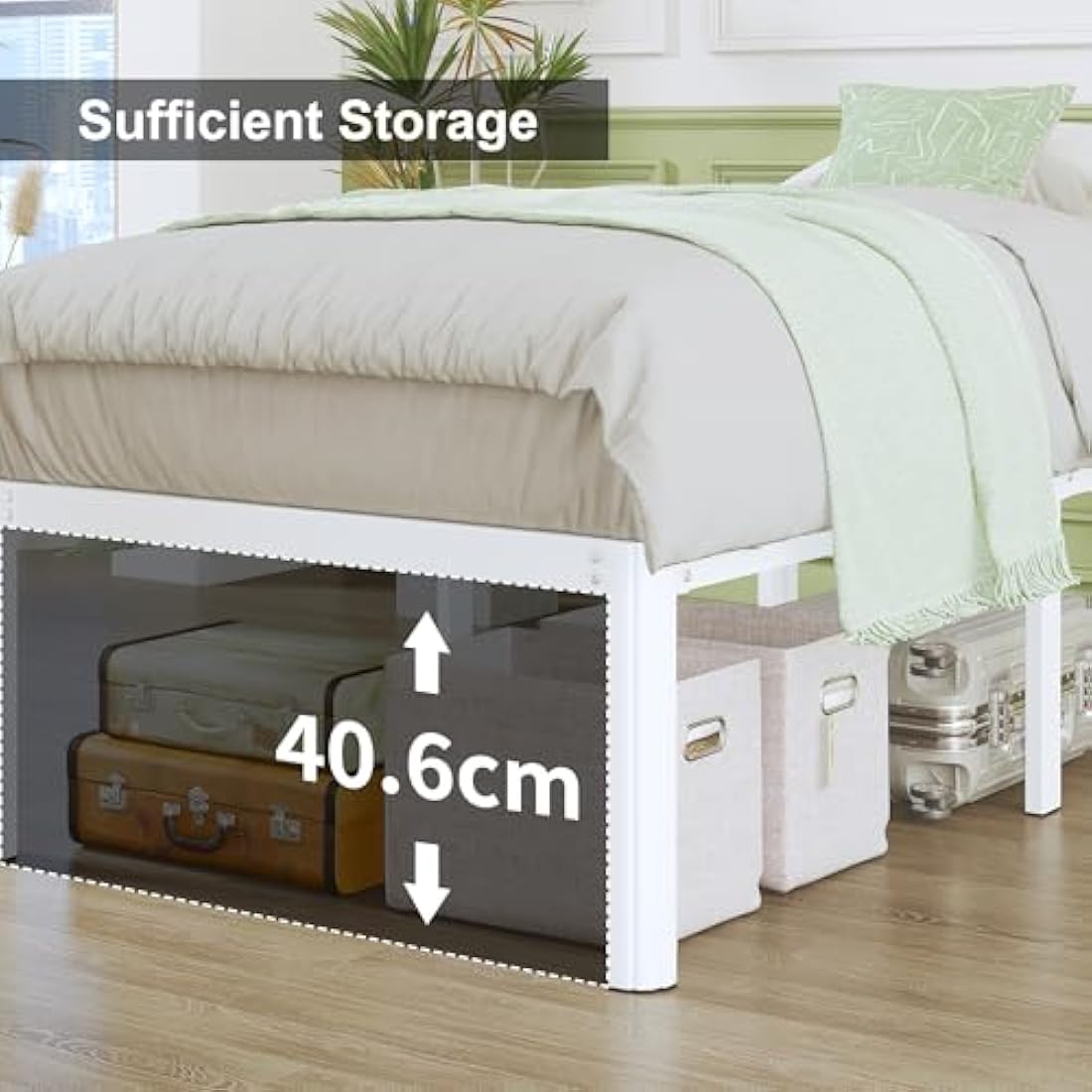 Lutown-Teen Super King Bed Frame 46 cm High with Rounded Corners, Heavy Duty Metal Bed Frames 6ft Super King Size 180x200 with Steel Slats, Ample Storage Underneath, Easy Assembly, White