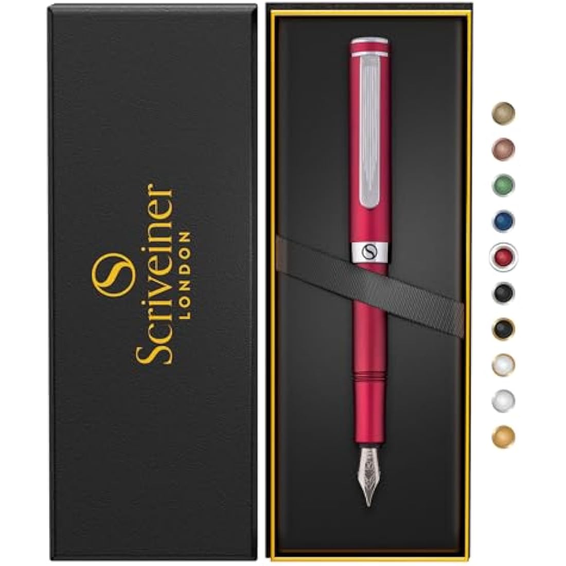 Scriveiner Luxury EDC Fountain Pen (Fine), Stunning Matt Red with Chrome Finish, Schmidt German Nib, Converter, Best Writing Gift Set for Men & Women, Nice Fancy Office Designer Pocket Pen