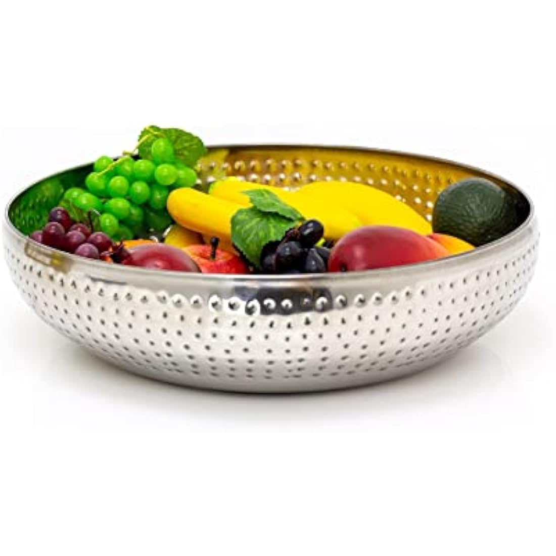 Carousel Home 38cm Extra Large Stainless Steel Kitchen Fruit Bowl | Round Silver Display With Hammered Detail | Multi-Purpose Serving Salad Decorative Bowl