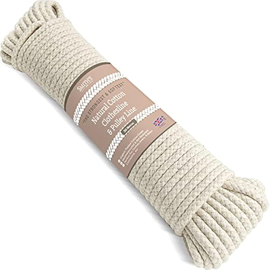 “The Strongest” Natural Cotton Clothesline Pulley by Smith’s® | 30m/99ft X 5.5mm | Soft Braided 130kgs Pulling Force Rope | Snag & Tear Resistant | 1 Year Guarantee!