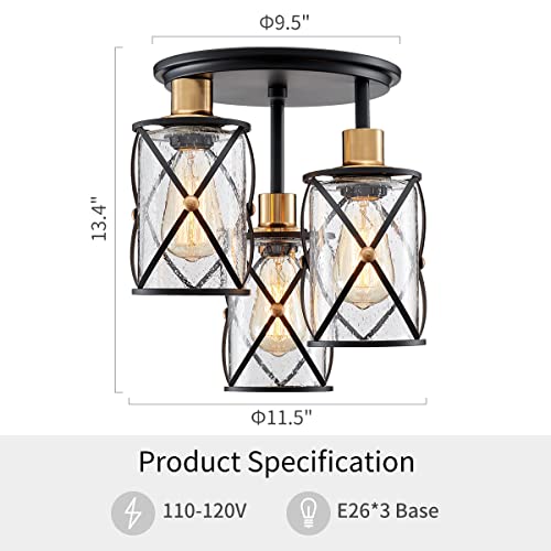 WUZUPS Chandelier Semi Flushmount Industrial 3-Light Ceiling Light Fixture Clear Seeded Glass Shade for Entryway Porch Foyer Kitchen Dining Room