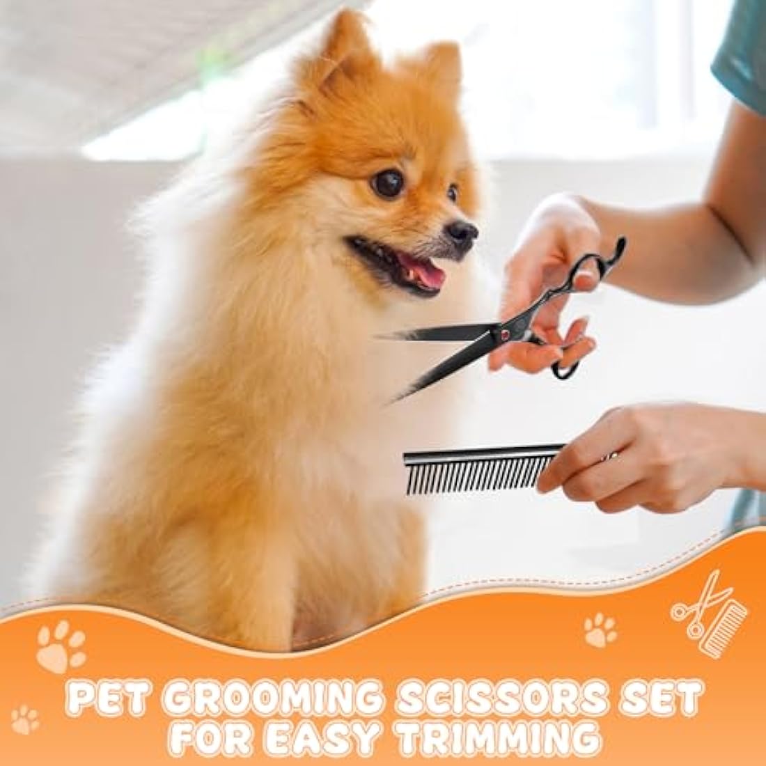 Moontay Dog Grooming Scissors Set Professional, 7 Inch Pet Grooming Scissors, 8 in 1 Straight, Curved, Thinning, Fishbone Scissors with Comb, Tension Adjuster, Cleaning Cloth and Storage Case, Black