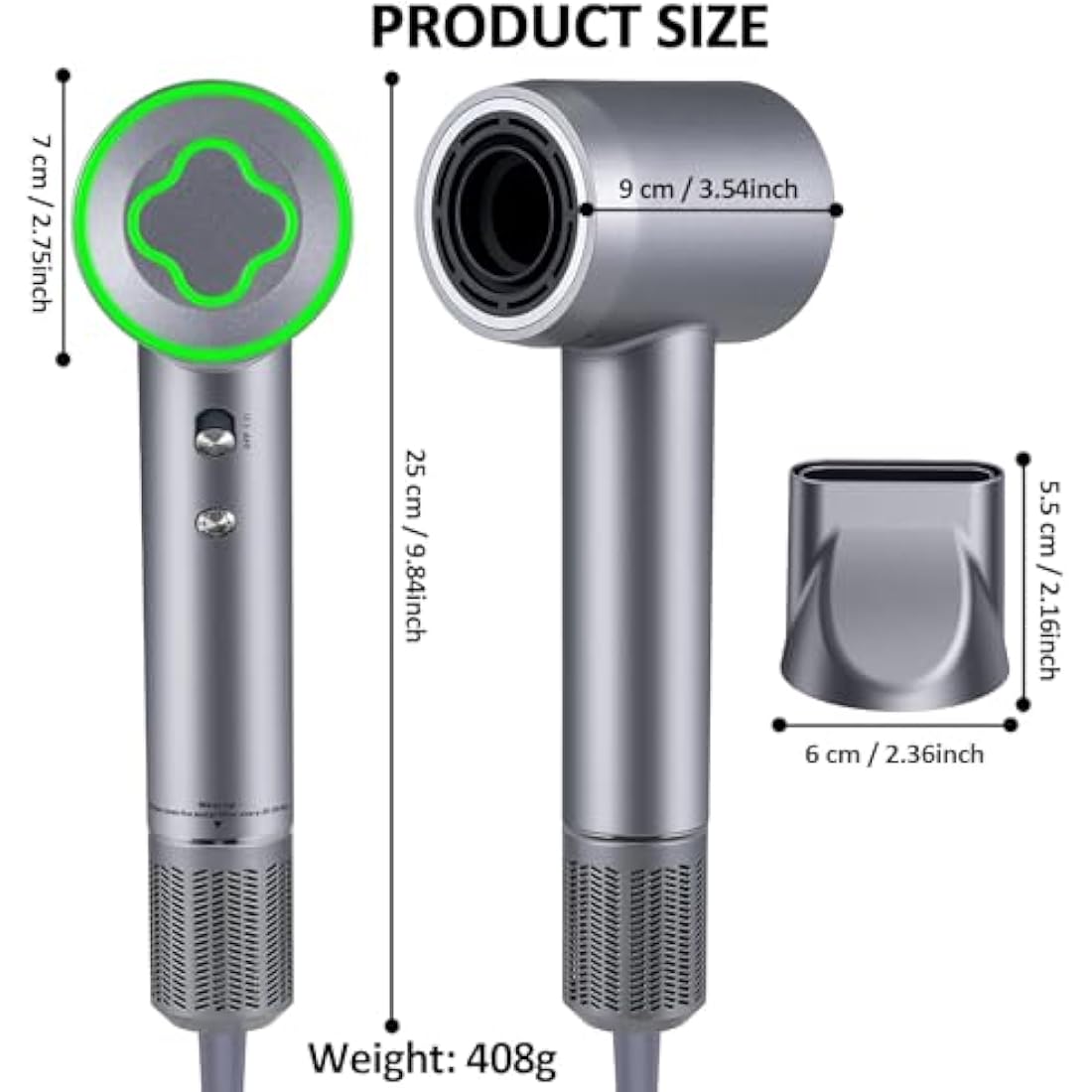 ZCYLPT Hair Dryer, 200 Million Negative Ionic Hairdryer, 1600W High Speed Brushless Motor 110,000 RPM Travel Hairdryers for Women Men Pet（Silvery）