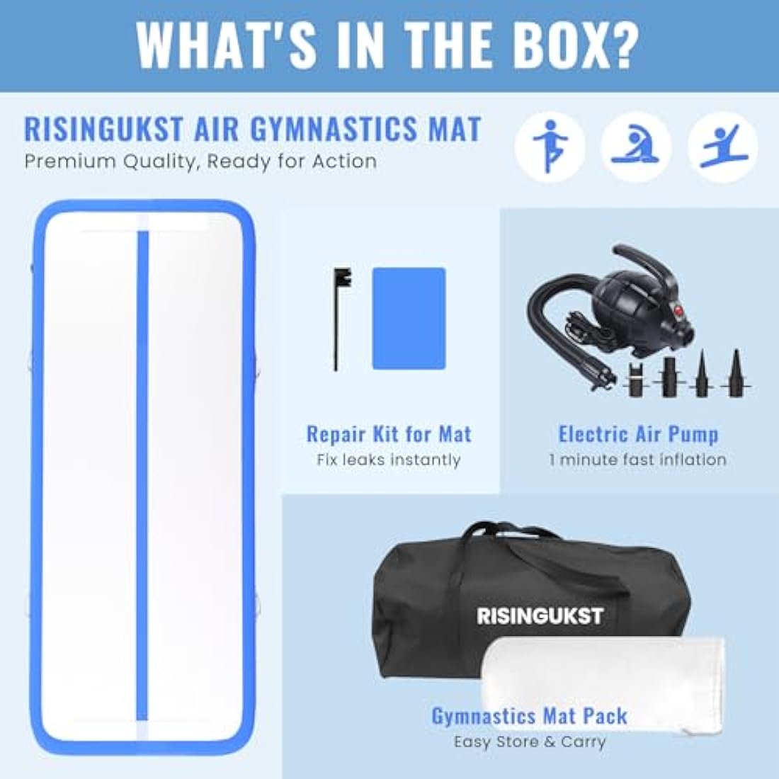 RISINGUKST Air Gymnastics Track Tumbling Mat Inflatable, 6.6ft 10ft 13ft 16ft 20ft Training Mats 4/8 Inch Thickness, Air Roller Air Barrel