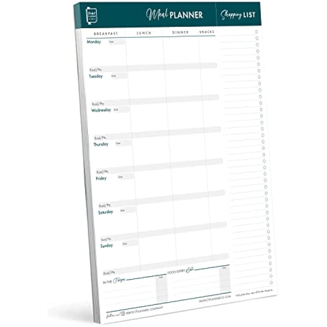 Perfect Planner Company - Magnetic Weekly Meal Planner Pad - A4 Tear Away Design - Perforated Shopping List - Calorie Tracker and Food Expiry Date - Teal - Portrait 50 Pages