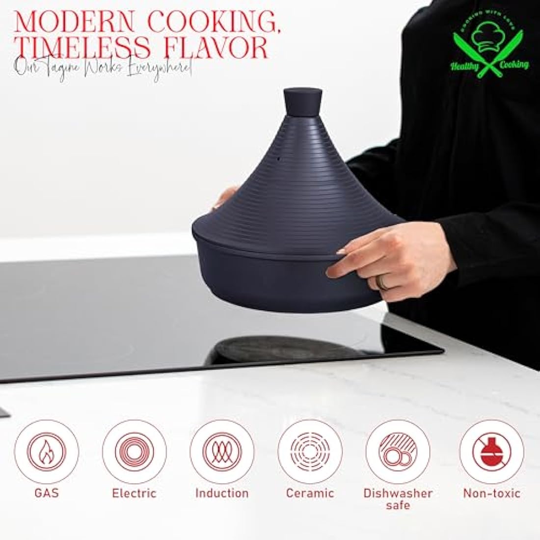 INTIGNIS® Tagine Cooking Pot | 28cm / 4.1 L | Large Casserole Dish | Nonstick Chemical Free Coating | Compatible with all Hobs | Traditional Moroccan Tender Slow Cook Tajin Pan (Black)