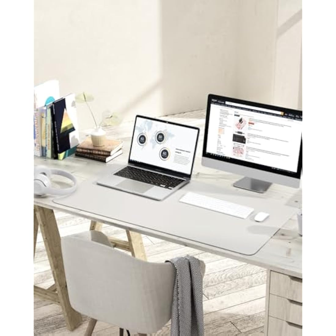 YSAGi Non-Slip Desk Pad, Waterproof PVC Leather Desk Table Protector, Ultra Thin Large Mouse Pad, Easy Clean Laptop Desk Writing Mat for Office Work/Home/Decor (90 x 43 cm, Gray)